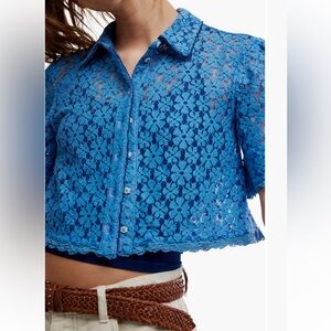 Free People Bright Blue Floral Lace Button-Down Shirt